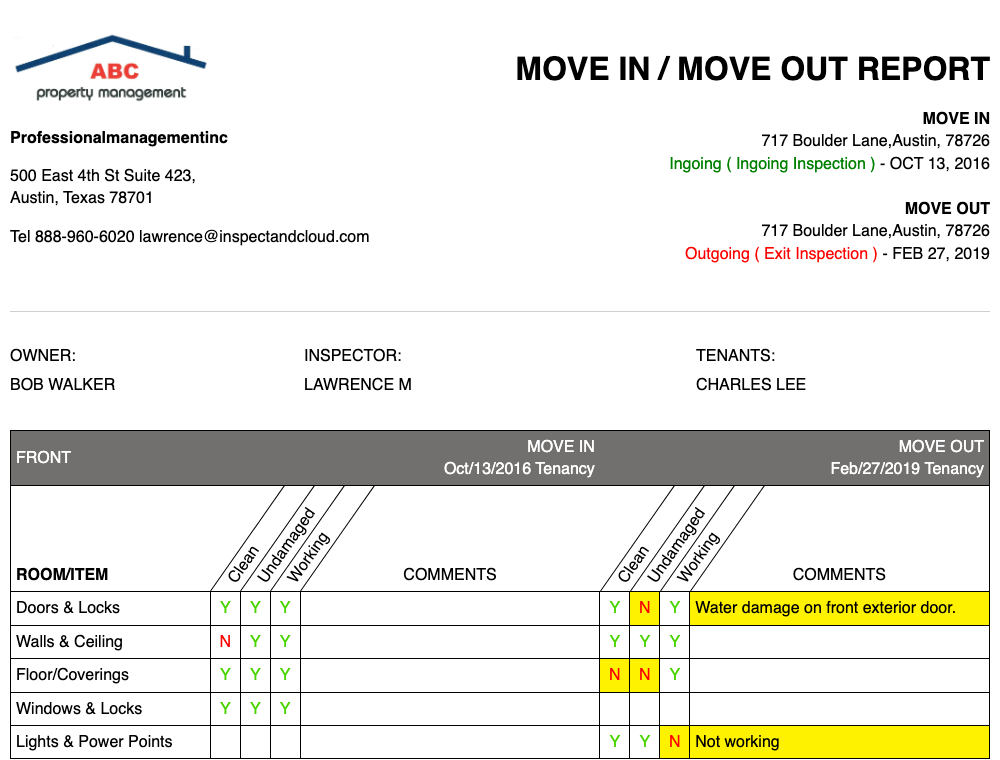 Move-in / move-out report preview